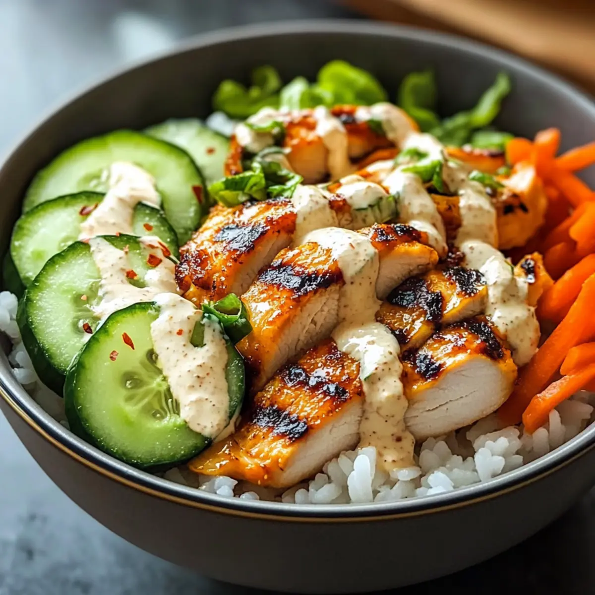 Spicy chicken bowl with creamy sauce for a taste experience